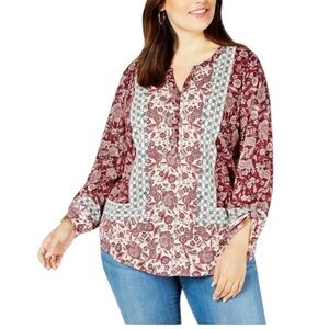 Style & Co. Boho Floral Cotton Modal Split Neck Button Front Top 2X Pink